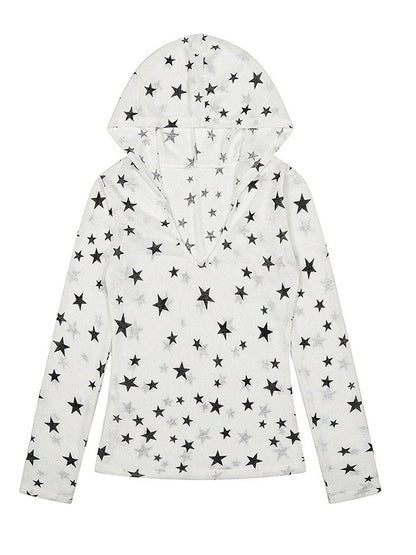 White Sheer Hooded Long Sleeve Top with Star Print Decoration - Solkatt
