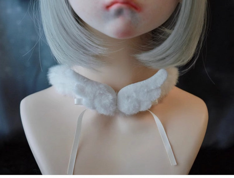 White Angel Wing Bow Plush Choker