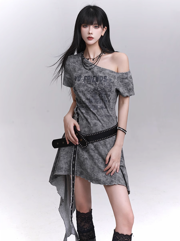 Belt Asymmetrical Neckline Cascading Ruffles Gray/Black Dress with Tie Dye Waist