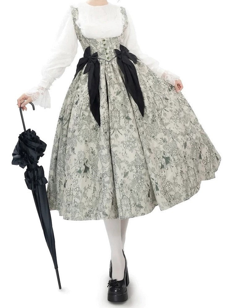 Green Basque Boned Bust Lolita Skirt and Jumper Waist Animals Print Wood Under