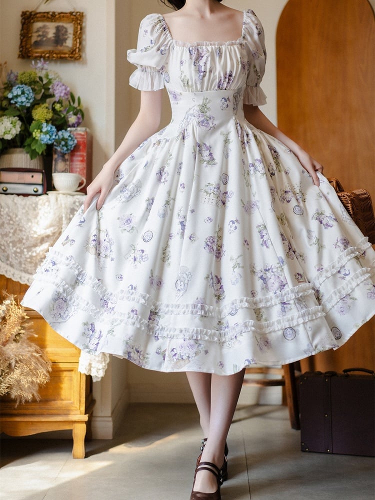 White Floral Puff-Sleeve One-Piece Lolita Dress - Forest Wardrobe