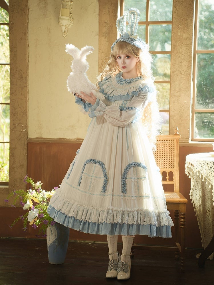 Blue Lolita White Ruffle Dress with Long Sweet Sash Sleeves and Details