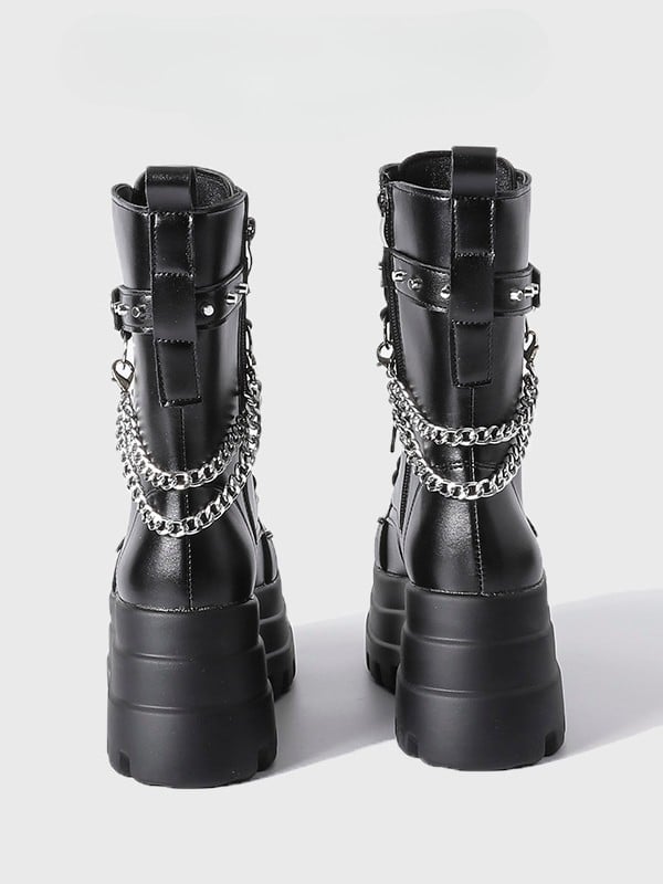 Mid-Calf - Gothic Chain Charm Platform Black Boots