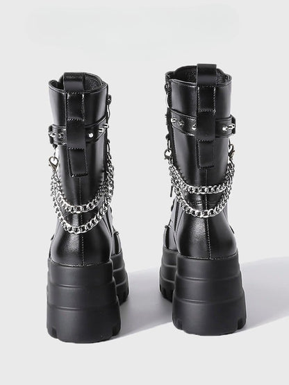 Mid-Calf - Gothic Chain Charm Platform Black Boots