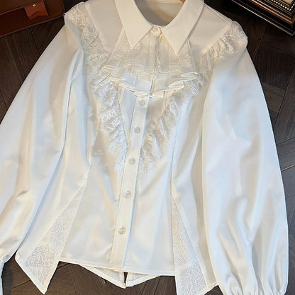 White Sweet Lace Details Jabot Collar Long Sleeves Elastic Cuffs Blouse