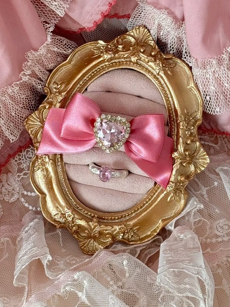 リボンハートピンクラインストーンリング +