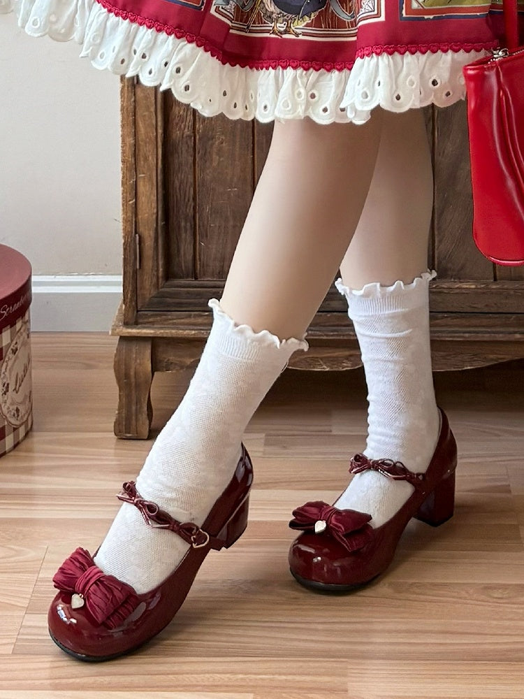 Round Red Buckle Wine Bow Accents PU Toe Mid Heels in Sweet Leather Heart