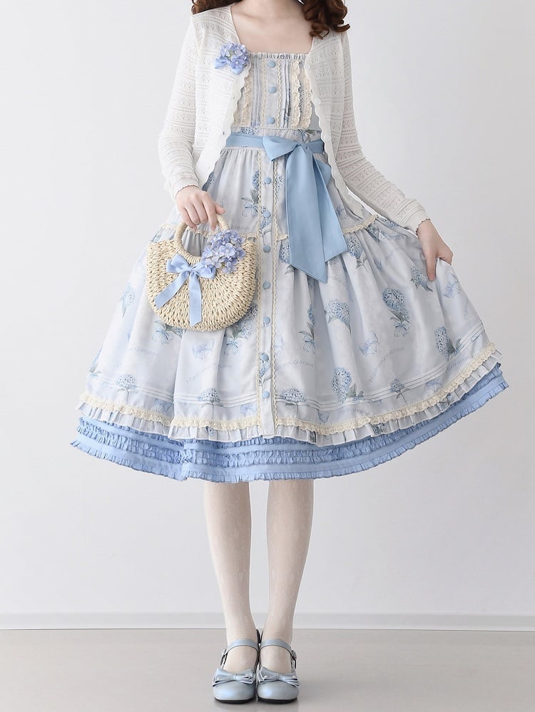 アジサイプリントのブルーのサマーフローラルドレス、フロントボタンのプラケットヘムのロリータジャンパースカート