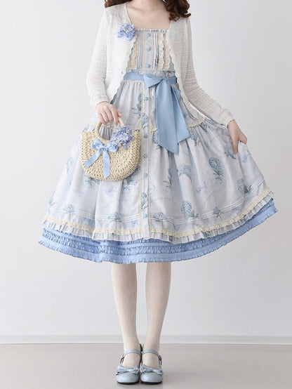 アジサイプリントのブルーのサマーフローラルドレス、フロントボタンのプラケットヘムのロリータジャンパースカート