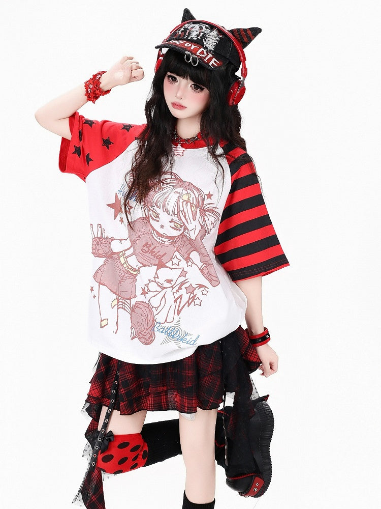 Otaku Kawaii Star-Stripe Tee with Anime Girl Graphic, Red White - CRAZY GIRL