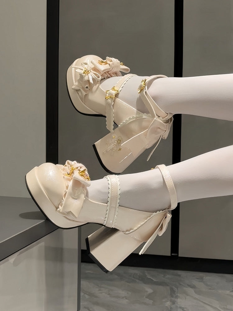 Beige High-heel Lolita Heel Starry with Closure Magic Embroidery Shoes Hime Wand Snap