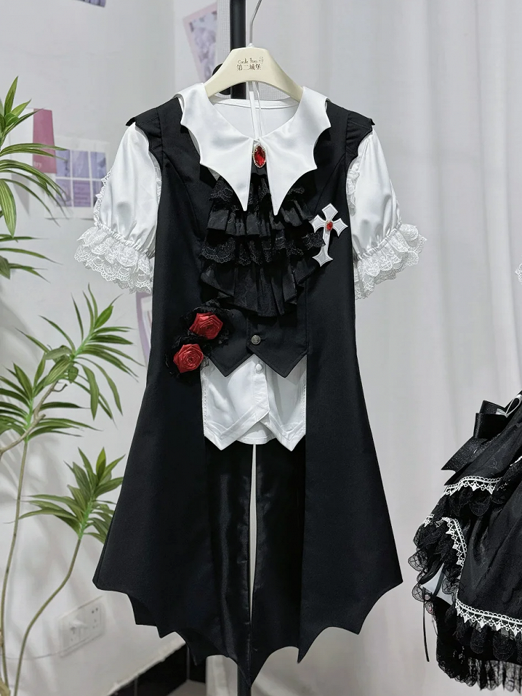 Schwanz Fledermaus Weste Schwarz Geformte Flügel Ouji Gothic Lolita Lange