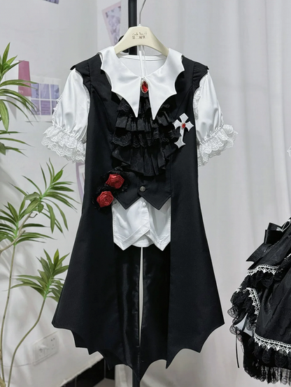 Schwanz Fledermaus Weste Schwarz Geformte Flügel Ouji Gothic Lolita Lange