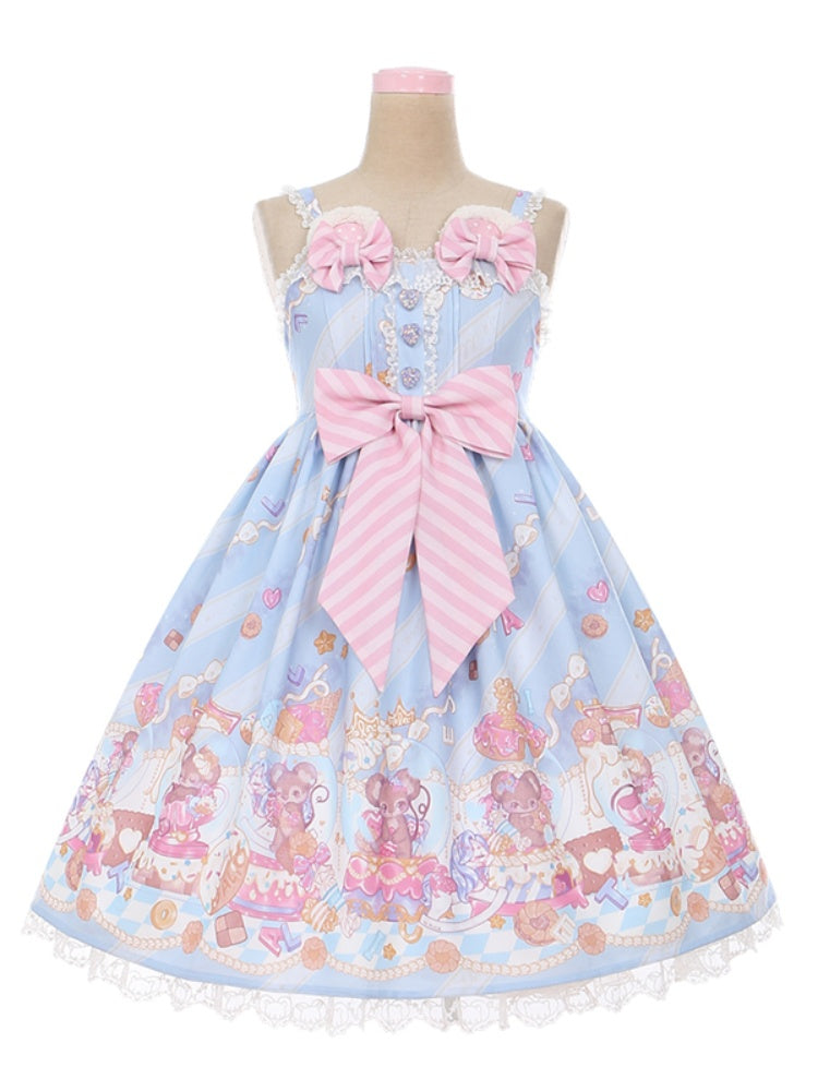 Ausschnitt Design Schleife Blaue Ohren Süßes Lolita Kleid JSK Entzückende Maus Print Maus Groß