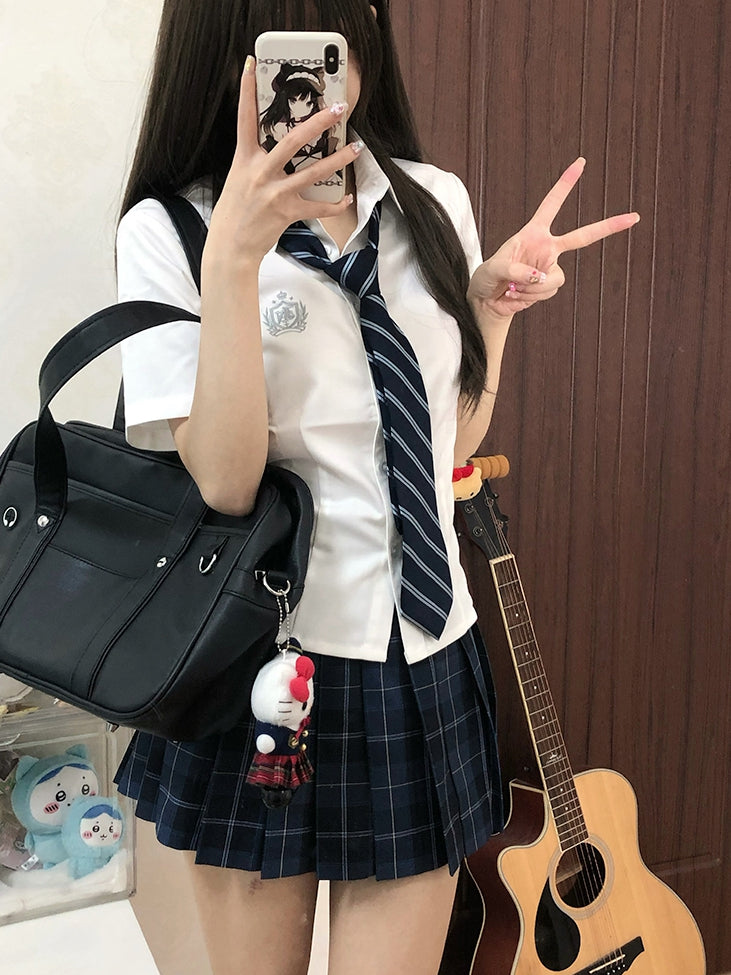 Preppy Embroidered Badge Shirt Short JK Style White Sleeves Uniform