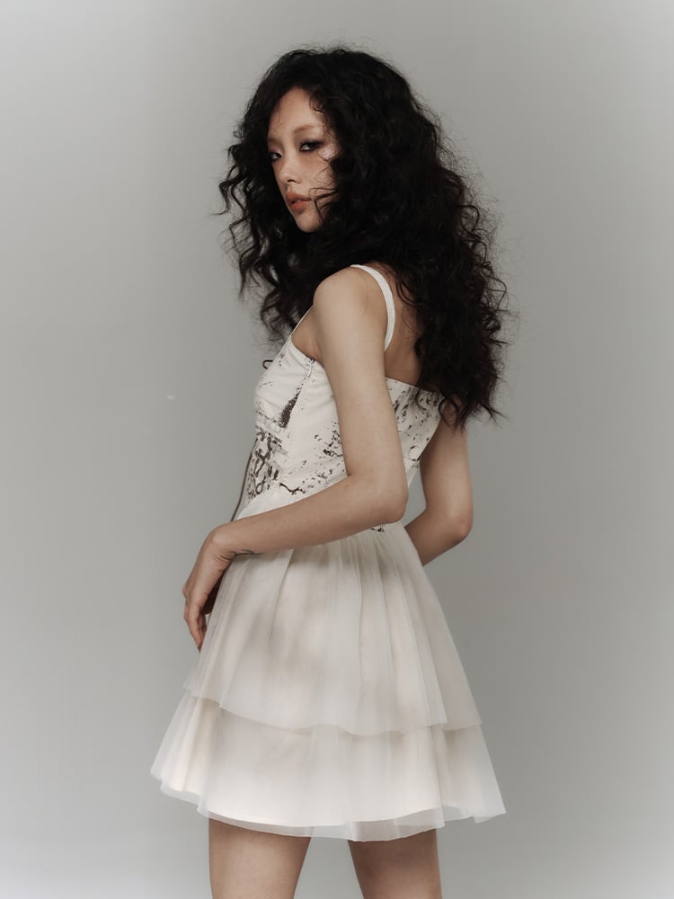 Punk Slip Crisscross Dress Lacing Tiered White with Tulle Skirt Distressed