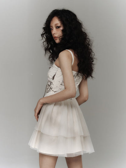 Punk Slip Crisscross Dress Lacing Tiered White with Tulle Skirt Distressed