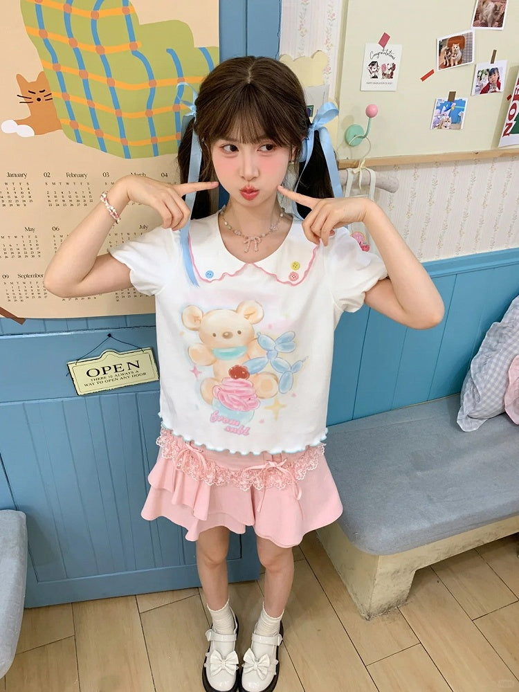漫画のクマのプリント裾ホワイトピーターパンカラーパフスリーブコントラストレタスTシャツ