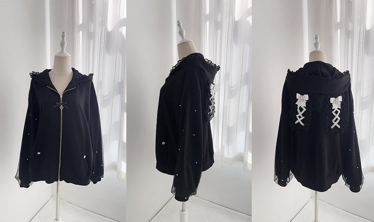 Jirai Kei – Kapuzenpullover mit Reißverschluss und Hasenohren, Spitzenbesatz, Perlendetails