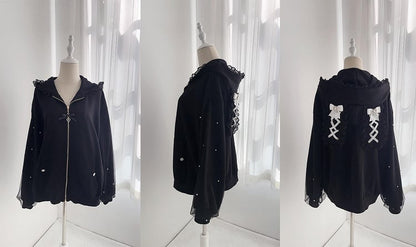 Jirai Kei – Kapuzenpullover mit Reißverschluss und Hasenohren, Spitzenbesatz, Perlendetails