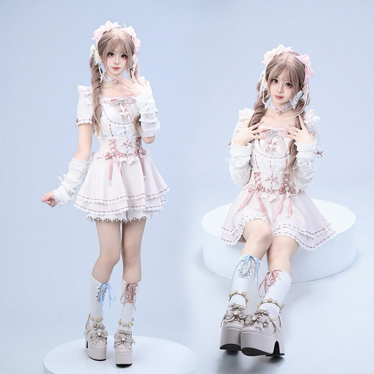 Pink Gingham Ryousangata Overall Skort with Bow Lace Details - Broken Bear