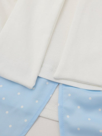 Tie-Detail Waist-Cinched Faux Layered Top in Blue and White Dot Print - Languid Park