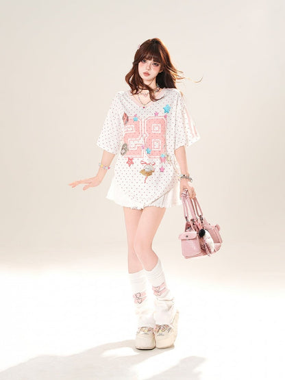 ピンクの水玉模様TシャツプリントスターVネックルーズ