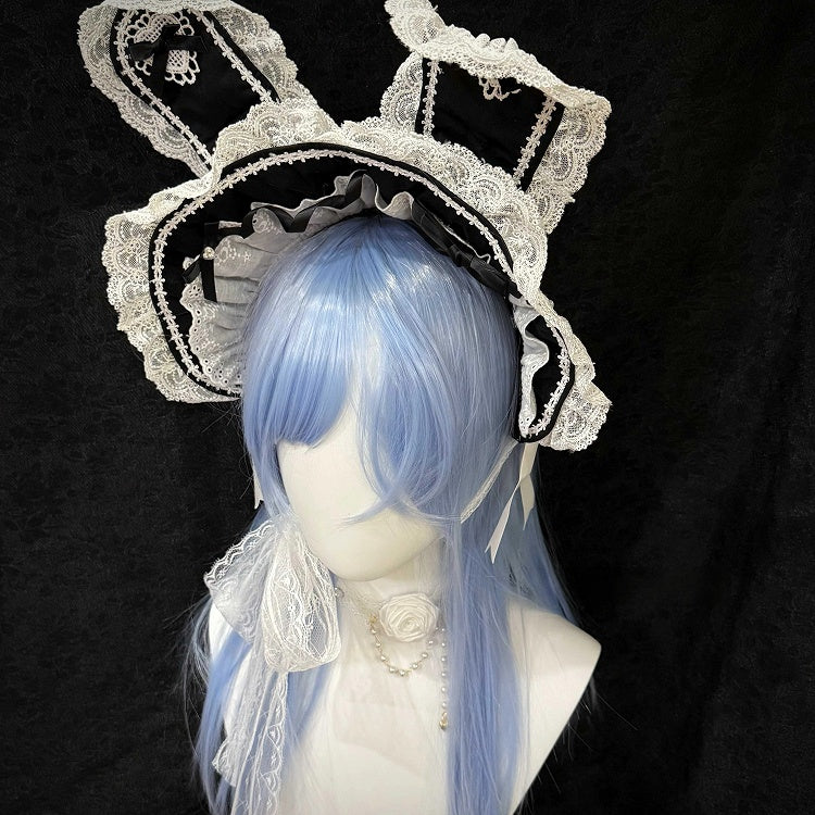 with Bunny Styles Lolita - Sweet Lace (White Two Ears Bonnet Accents Black Gothic)
