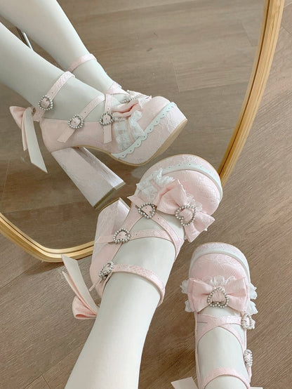 Round High Pink Elegant Block Lolita Bow Heels - Toe Platform Accents