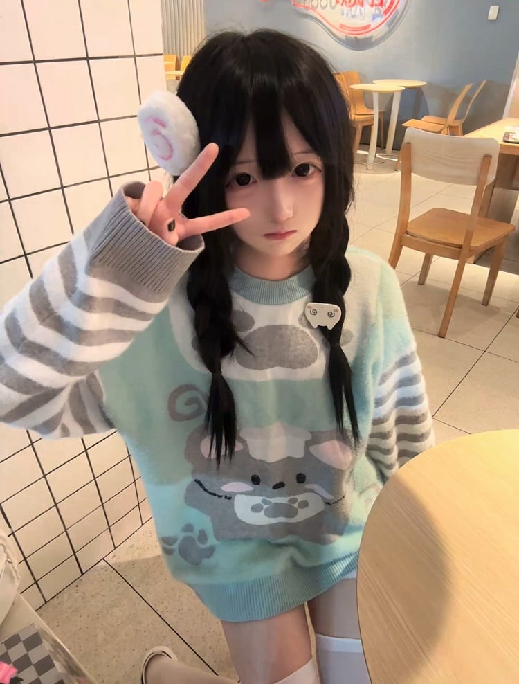 Sleeves Drop Spring/Fall Faux Fur Shoulder Kawaii Chef Sweater Mouse Striped with for