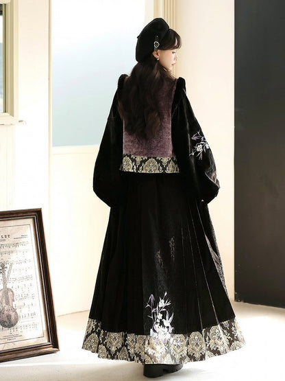 Oriental Embroidered Floral Blouse in Black & Purple with Fuzzy Trim Vest and Pleated Skirt - Han Ru Chu Hanfu &amp; Han-Element Studi
