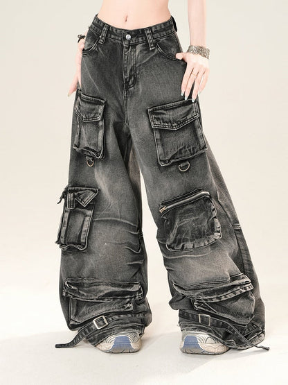 ブラック ローライズ カーゴポケット ワイドレッグ ジーンズ