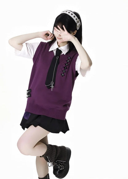Skort Purple Buckle Strap Design Black  Plaid Patchwork