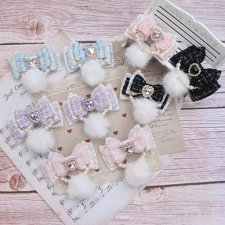 Rhinestone Color Hairclip Bowknot 7 Pearl With Kei Pom-Pom Jirai Heart Options Chain