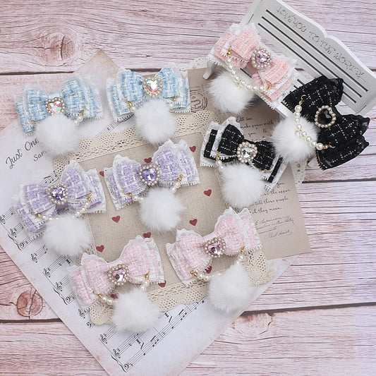 Rhinestone Color Hairclip Bowknot 7 Pearl With Kei Pom-Pom Jirai Heart Options Chain