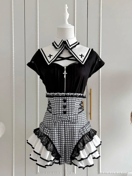 Black Hollow Blouse with Plaid High Waist Skort - Shi Zhai Xin