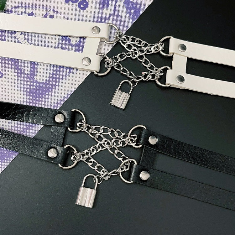 Black/White Lock Detail Y2K Pendant PU Choker Lace-up