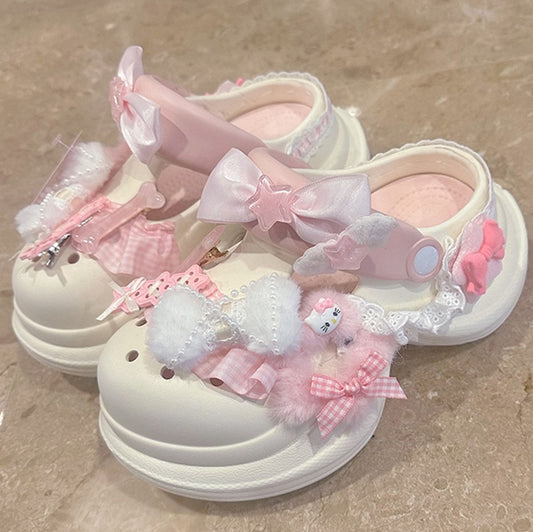 Lolita Sweet Bow with Platform Crocs-style Clogs Ruffle - Decor Version Beige Trim Regular/Thicken