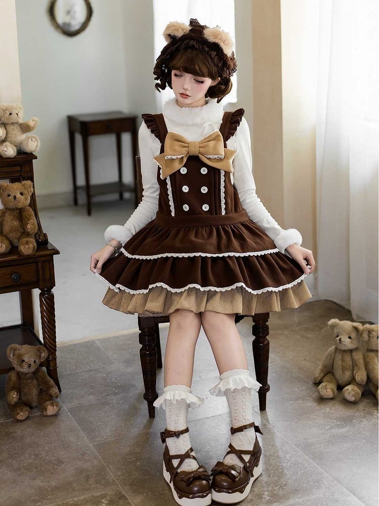 Dropped Lolita Sweet Hem Tiered Waist Dress Coffee Overall Bow with and