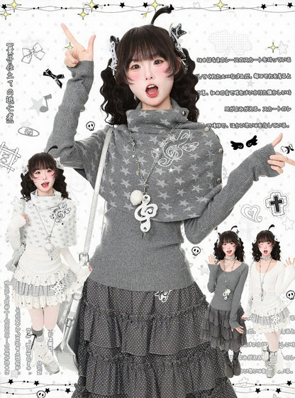 Gray Kawaii Fall Two Piece Cape Music Note Star Pattern Top - Languid Park