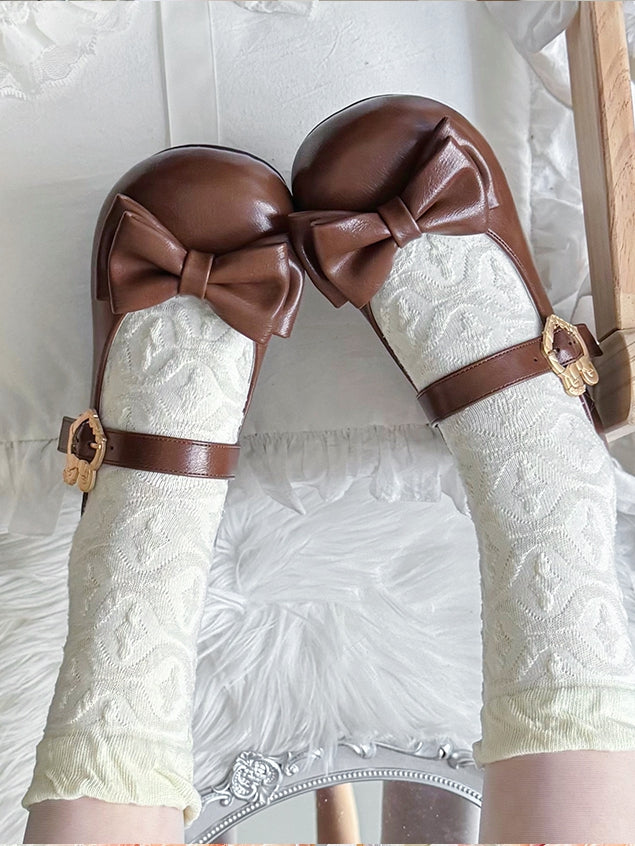 - Mary Brown Fastener Leather Top Bow PU Sweet Low-heel Janes Lolita Bunny with