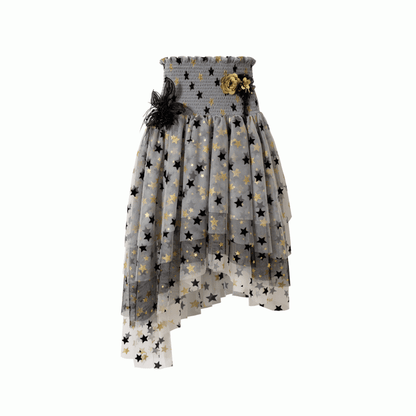 Kleid Balletcore Stufenrock aus Netzstoff, trägerlos, Grau/Asche