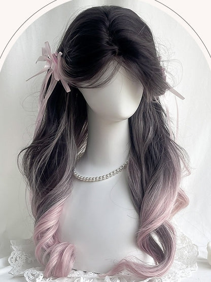 Pink Highlight Long Wavy Wig With Curtain Bangs