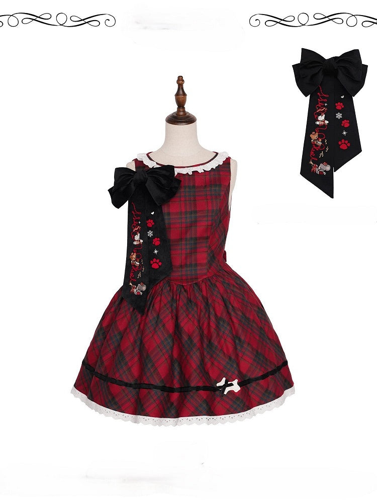 Doll Style Sleeveless Dress in Red Plaid with Big Embroidered Bowknot Brooch - iris de nuit