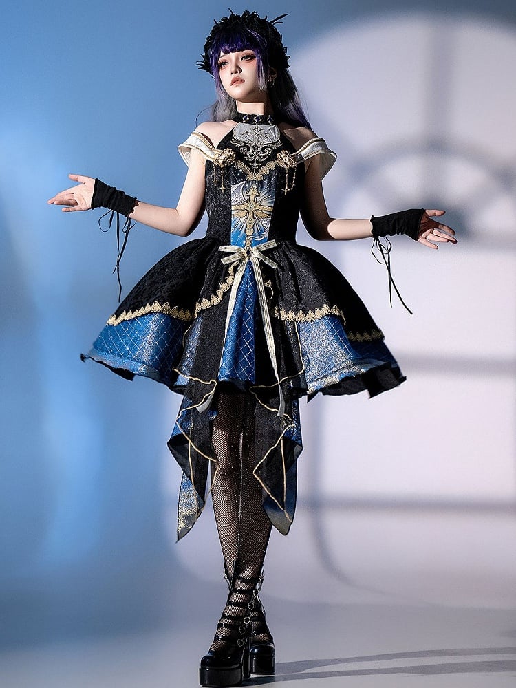 Skirt Gothic Design Cross Off-shoulder and Mock Front Print Jumper Cascading Neck Ruffles