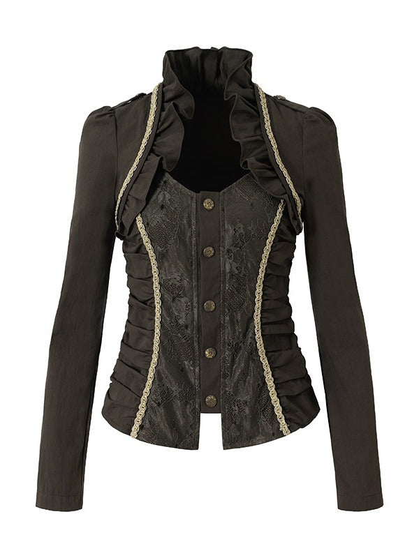 Rococo Punk Army Green Faux Two-Piece Long Sleeve Blouse with Lace and Ruffle Accents - NO ROMANCE