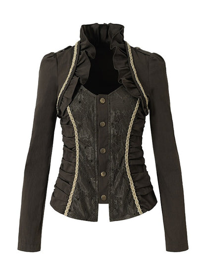 Rococo Punk Army Green Faux Two-Piece Long Sleeve Blouse with Lace and Ruffle Accents - NO ROMANCE