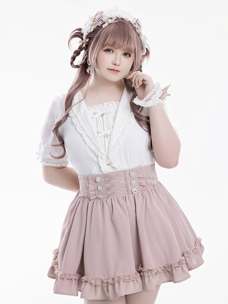 Bowknot Jirai Kei Matrosenkragen Weiße Verzierungen Kurzarmbluse Strass und Herzausschnitt