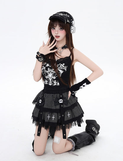 Gothic Black V-neck Bat Print Glamorous Cami Top