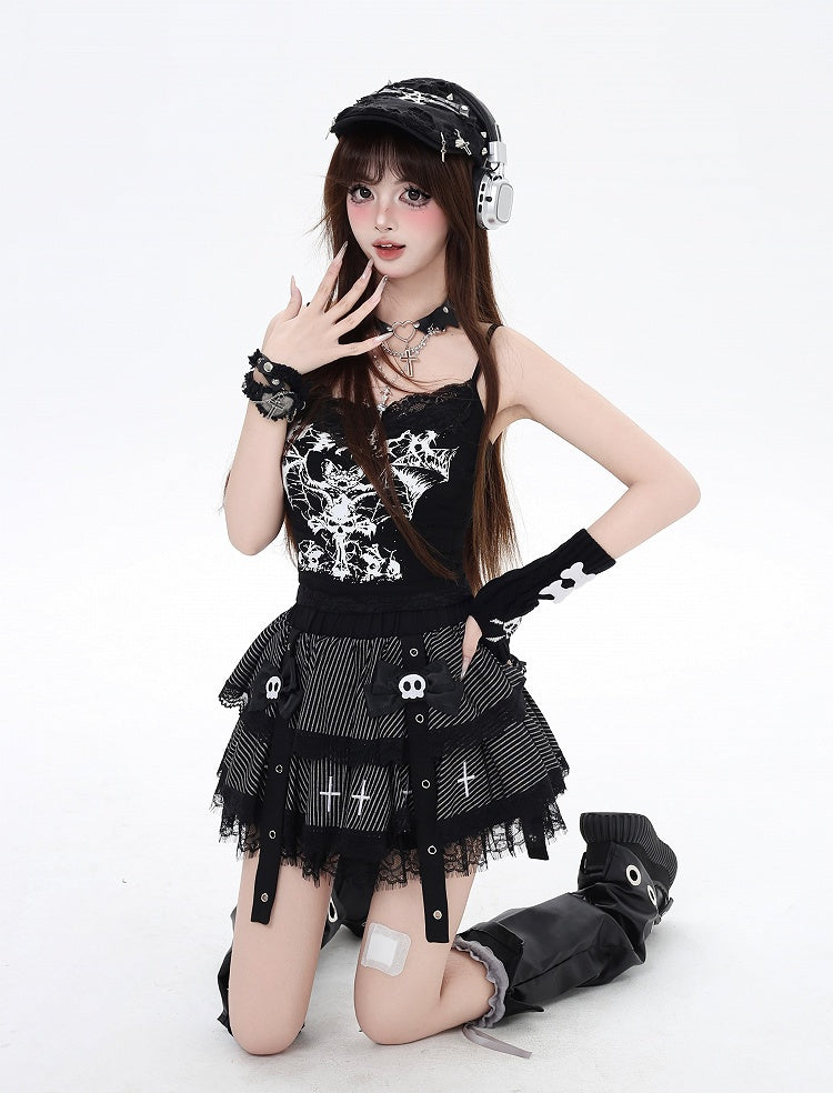 V-neck Bat Print Glamorous Cami Top Gothic Black